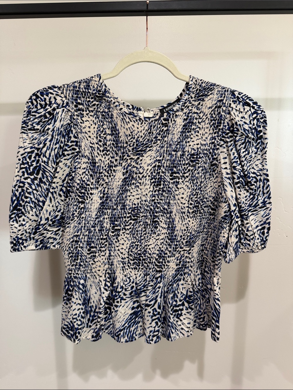 Express Navy and White Animal-Print Puff Sleeve Top
